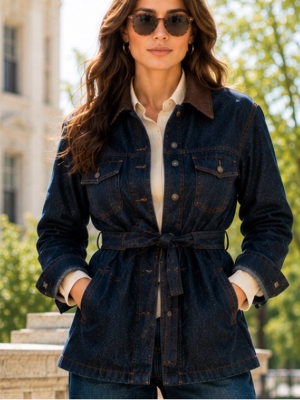 Veronica Beard Dark Blue Denim Utility Jacket with Brown Collar